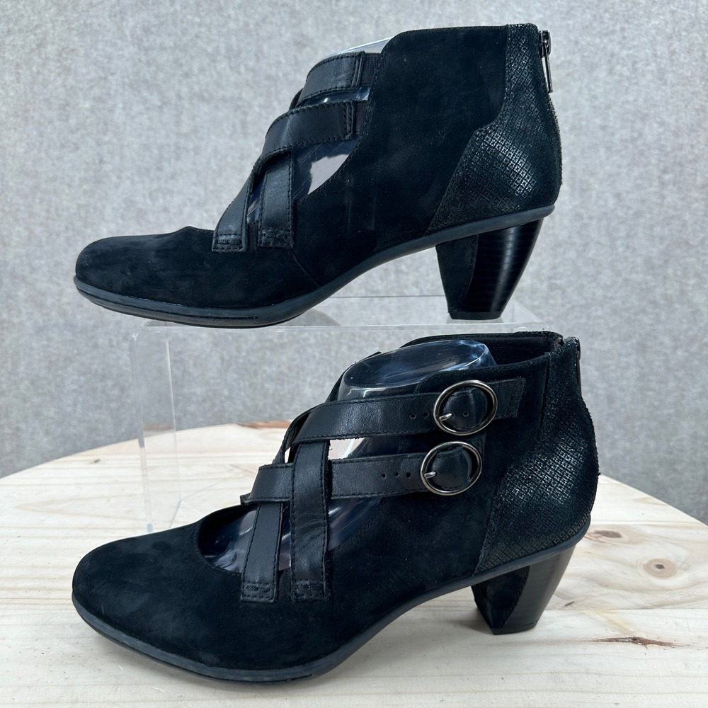 Earth Ankle Boots Women 10 Black Suede Multi Strap Buckle Back Zip Block Heel